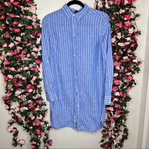 🌹Ann Taylor Blue White Striped Button Up Linen Dress Womens Small Work Office